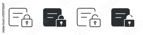 File lock and unlock icon set, secure document protection and access symbol, in outline and solid silhouette style. Vector illustration.
