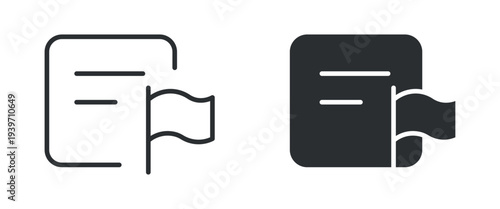 Flagged document icon set, file with flag marker reminder symbol, in outline and solid silhouette style. Vector illustration.