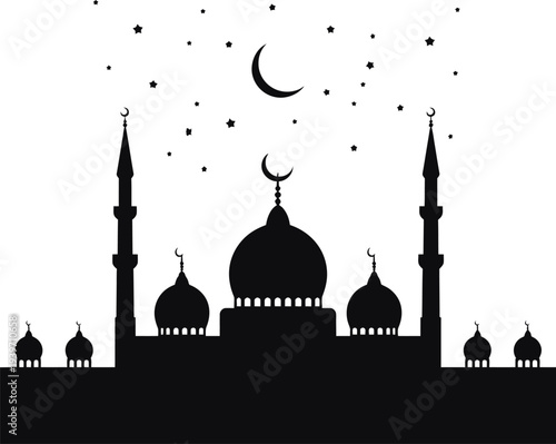 Eid Crescent Moon with Mosque and Stars Silhouette Vector