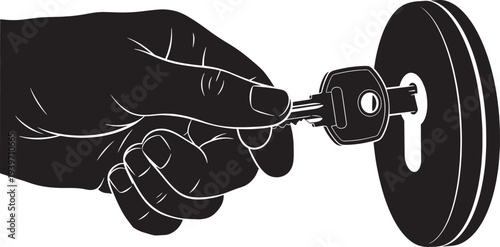 Hand holding key inserting into lock black and white