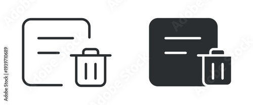 Delete document icon set, file with trash bin remove symbol, in outline and solid silhouette style. Vector illustration.