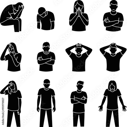 People expressing sadness depression and mental health problems silhouette set isolated on white background vector