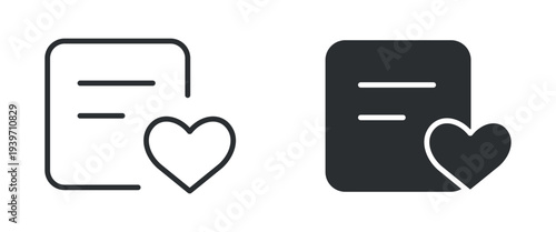 Favorite document icon set, file with heart like symbol, in outline and solid silhouette style. Vector illustration.