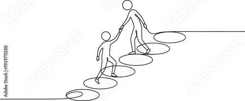A simple line drawing of a parent guiding a child through a series of stepping stones.