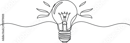 A simple line drawing of a lightbulb with leaves growing out of it, symbolizing a creative idea or eco-friendly innovation.