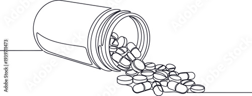 A black and white illustration of a bottle of pills spilling out onto a surface