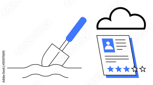 Shovel digging ground next to a resume with rating stars and cloud. Ideal for job search, recruitment, talent discovery, online data, career evaluation, human resources, simple flat metaphor