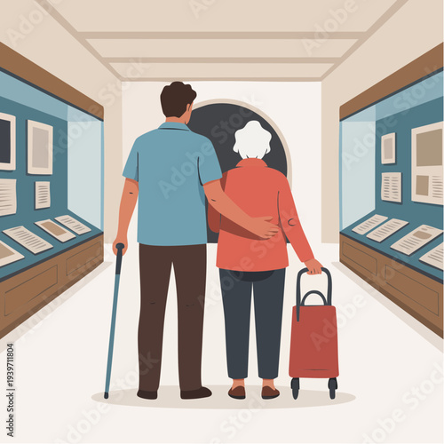An illustration capturing a moment of care and shared experience between a younger individual and an older person. The scene unfolds within a museum or gallery setting.