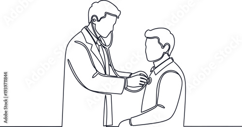 A doctor using a stethoscope to examine a patient's chest in a medical setting.