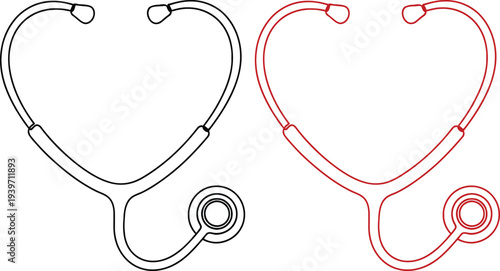 A stethoscope in black and red lines forming a heart shape on a white background