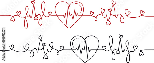 A creative illustration of heartbeats and hearts in red and black lines on a white background