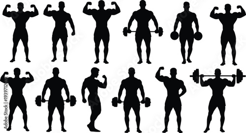 A collection of black silhouettes of men exercising with dumbbells and barbells in various poses