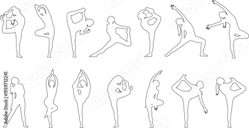 A series of yoga poses illustrated in a simple line drawing style for mindfulness and flexibility.