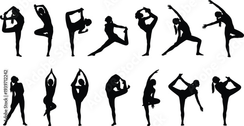 A group of people practicing various yoga poses in a serene and peaceful environment