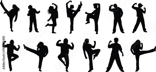 A group of black silhouettes of people practicing various martial arts poses on a white background