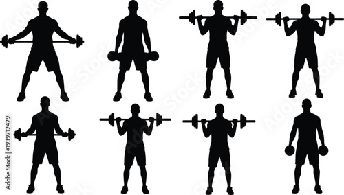 A fit man performing various exercises with dumbbells in different poses