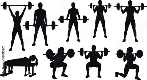A collection of silhouetted figures engaging in various weightlifting exercises in a gym setting
