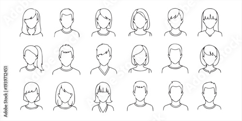 People and avatar line icon set. Vector pictograms of diverse men and women with different hairstyles, beards, and buns, thin outline illustration.
