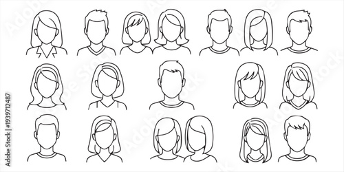 Male and female user avatar outline icon set. Simple person profile picture symbol collection. Man and woman head silhouette for web and mobile app. Editable stroke vector.