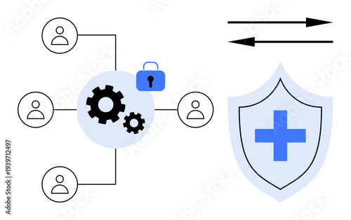 Cybersecurity, data protection, secure communication, information flow, network security, identity verification. Diagram showing network with lock and gears. Cybersecurity and data protection