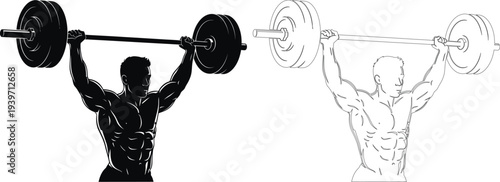 A muscular man lifting a heavy barbell in a dynamic motion with a contrasting line drawing beside him.
