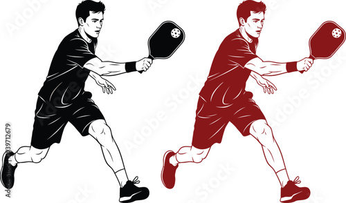 Two men playing pickleball with rackets in a dynamic pose