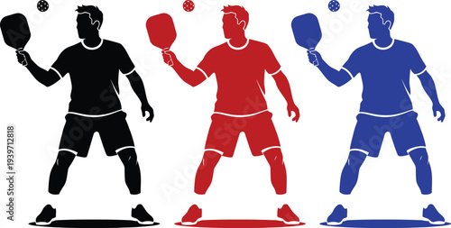 Three colorful silhouettes of men playing pickleball with paddles and balls on a white background