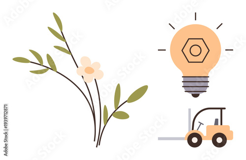 Sustainable design, creativity, transportation, nature connection, industrial progress, innovation. A flower branch, lightbulb and forklift. Sustainable design and creativity concepts