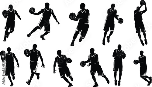 A collection of black silhouettes of basketball players in various poses on a white background