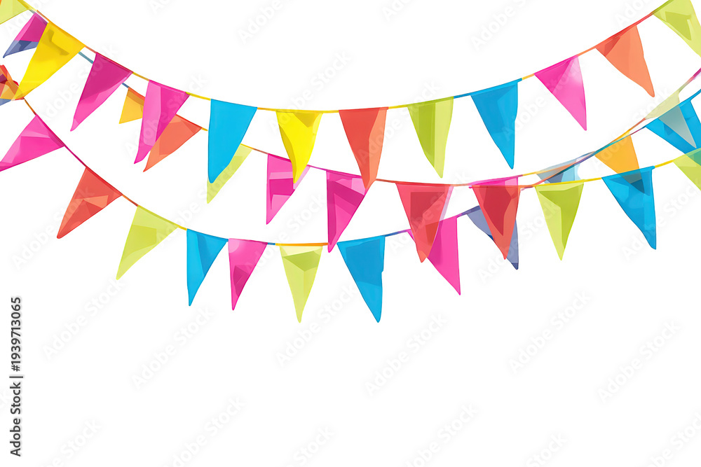 Obraz premium Colorful festival bunting flags decorating for a festive party celebration, vibrant triangle pennants on a transparent background