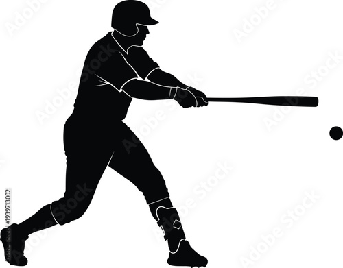 A baseball player in a dynamic swing motion hitting a ball with a bat in a black silhouette