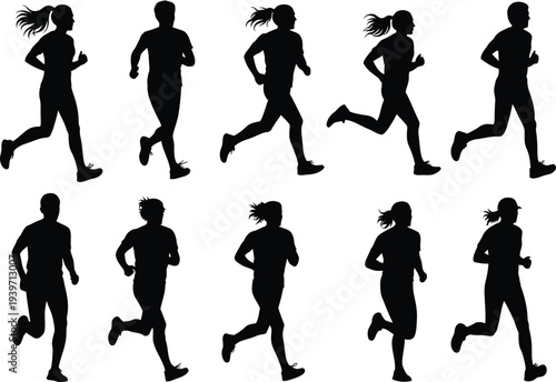 A group of people running in different poses and silhouettes on a white background