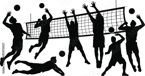A group of volleyball players in action, jumping and spiking the ball in a competitive match.