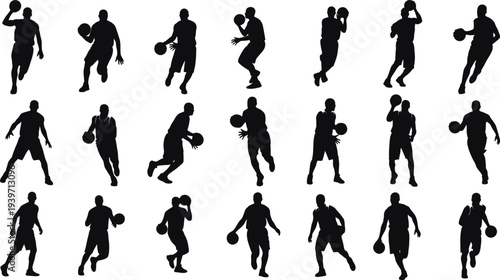 A collection of black silhouettes of men playing basketball in various poses