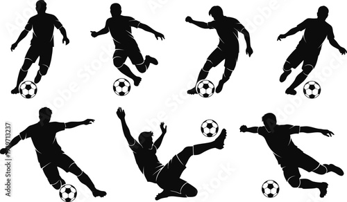 A set of black silhouettes of soccer players in various poses with soccer balls on a white background