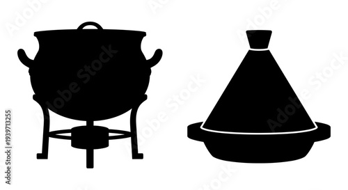 Black silhouette vector icons of a traditional fondue pot on a stand and a Moroccan tagine cooking vessel, isolated on a white background, perfect for culinary designs and restaurant menus.