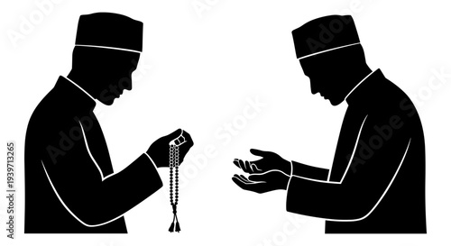 Muslim Men Praying Silhouette Vector Illustration Set with Prayer Beads, Islamic Worship, and Religious Devotion