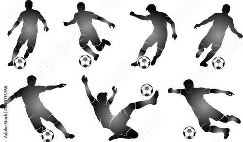 A collection of silhouetted soccer players in various poses with a ball on a white background