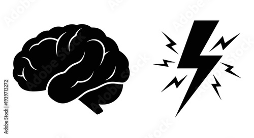 Black Silhouette Brain and Lightning Bolt Vector Icons Set for Idea, Creativity, Innovation, and Energy Concepts on White Background