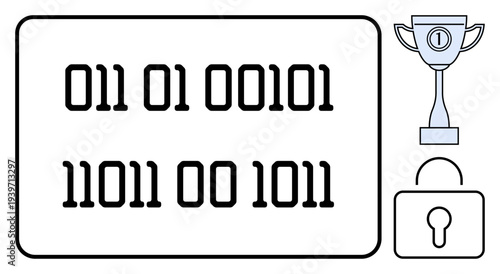 Binary code. Binary code with a trophy and lock coding, data security, and achievement. Binary acts as a foundation for cybersecurity and coding fields. For cybersecurity, programming, data security