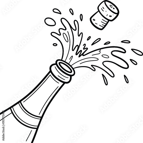Champagne bottle popping cork line art illustration
