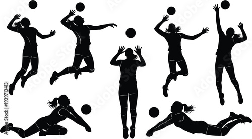A group of volleyball players in various dynamic poses on the court