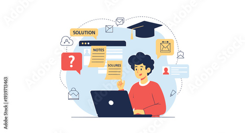 Vector illustration of a student with laptop and education icons