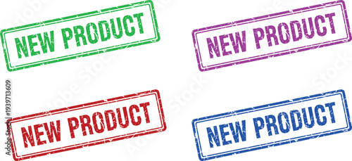 Four colorful new product stamps on a white background
