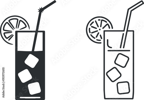 Refreshing cocktail glasses with citrus slices, ice cubes, and drinking straws