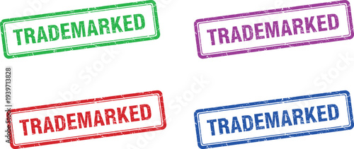 A set of colorful trademark stamps on a white background