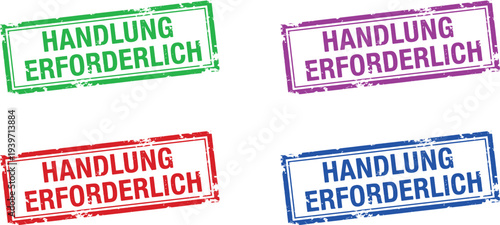 A set of colorful stamps with the German phrase Handlung Erforderlich meaning Action Required