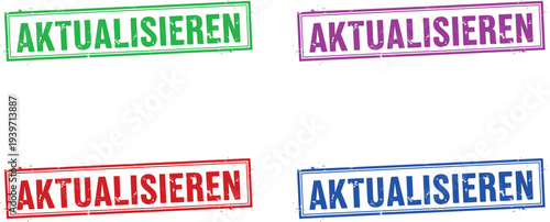 A set of colorful stamps with the German word for update or refresh