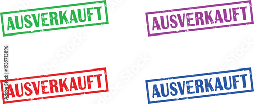 A set of colorful Ausverkauft stamps on a white background