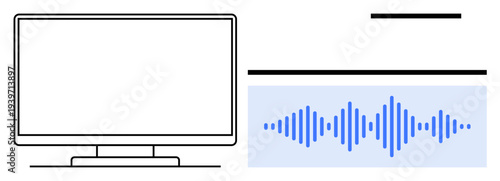 Digital sound processing. A computer screen with audio waveform focuses on digital sound processing for multimedia projects. Useful for audio editing, sound creation, production, media design, or